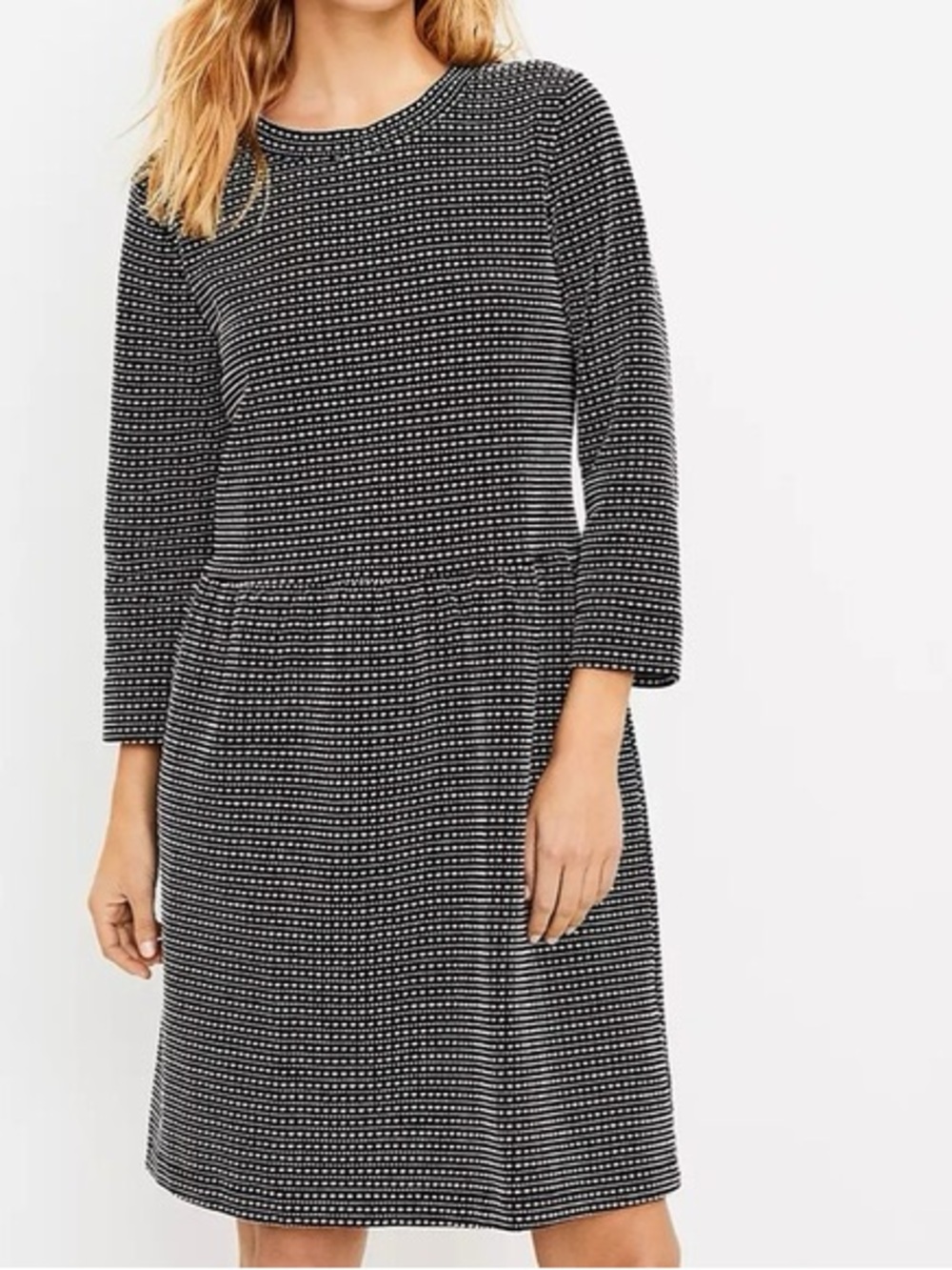 LOFT Black White Textured Knit Long Sleeve Dress XL